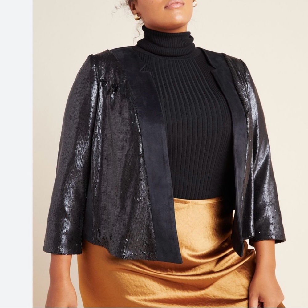 Anthropologie Shonda Black Sequin Jacket Size 2X Party Evening Fairy Holiday